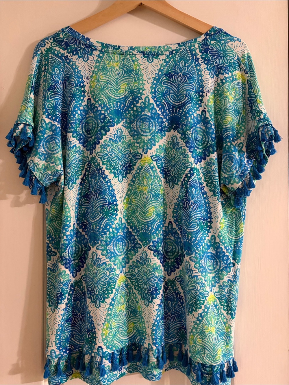 Pappagallo Blue and Green Tassel Trim Tunic Short Sleeve Shirt - Picture 3 of 8